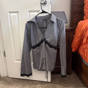 Gray Striped Button-Up Shirt with Black Lace Trim